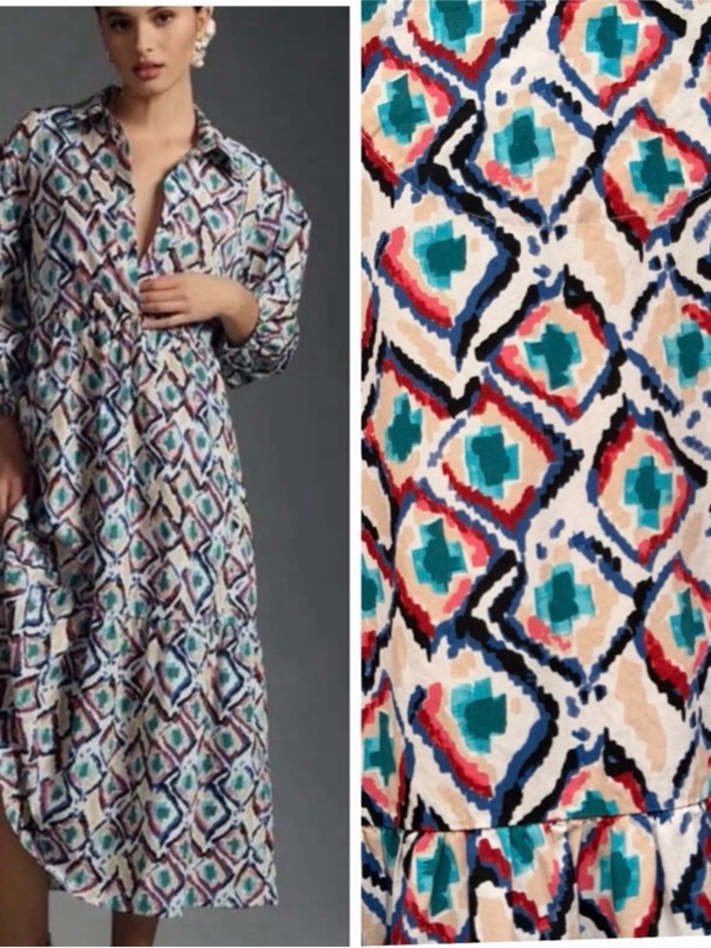 Anthropologie Maeve The Bettina Tiered Shirt Dress Ikat Size XXS